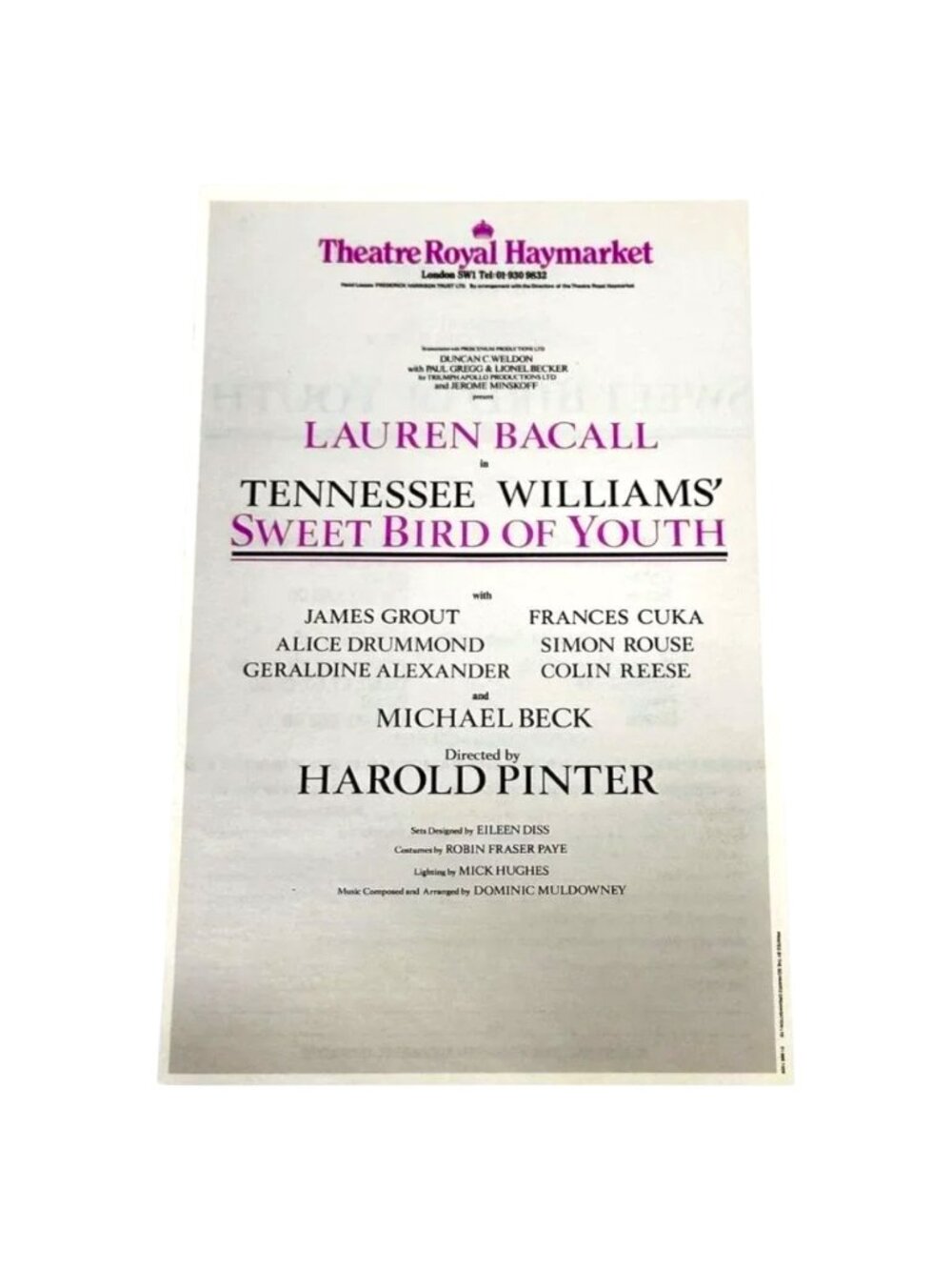 Lauren‎ Bacall Sweet Birth of Youth Tennesse William Play Flyer Theater UK 1985